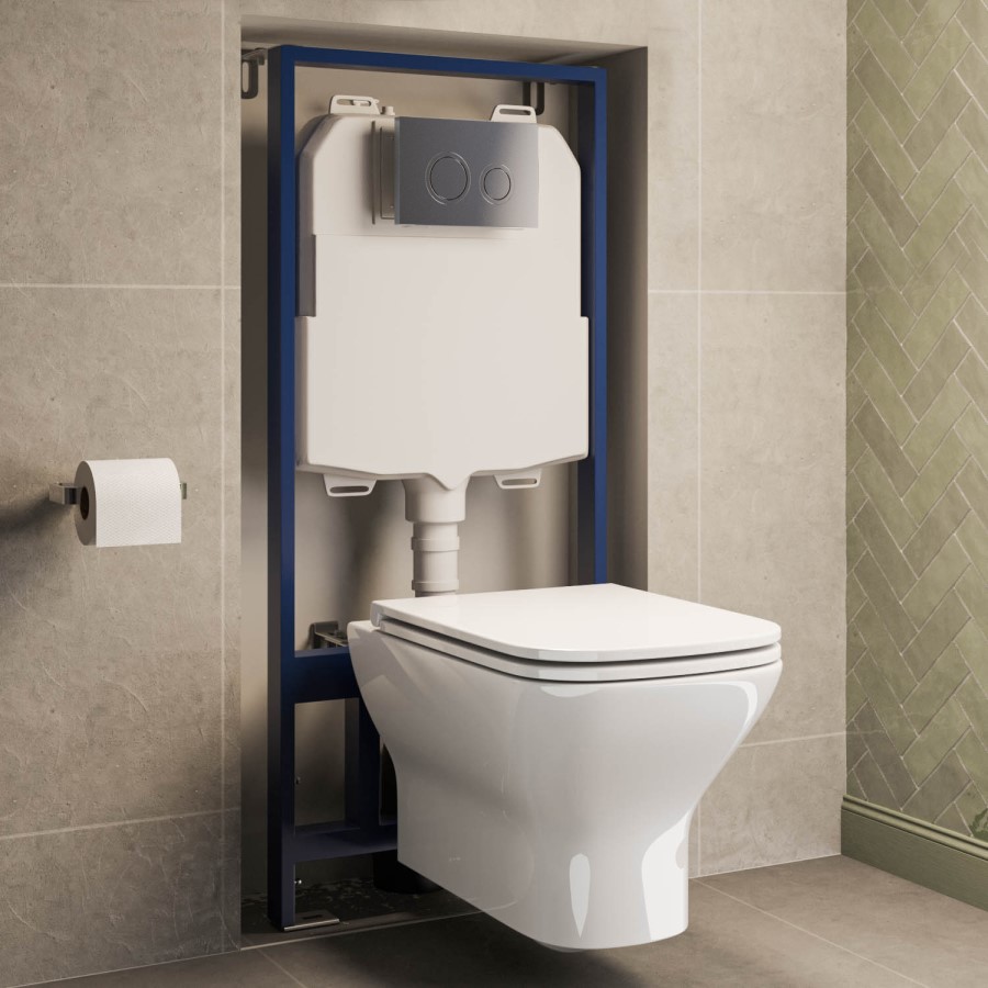 Wall Hung Rimless Toilet with Soft Close Seat, Chrome Mechanical Flush Plate, 1168mm Frame & Cistern – Palma