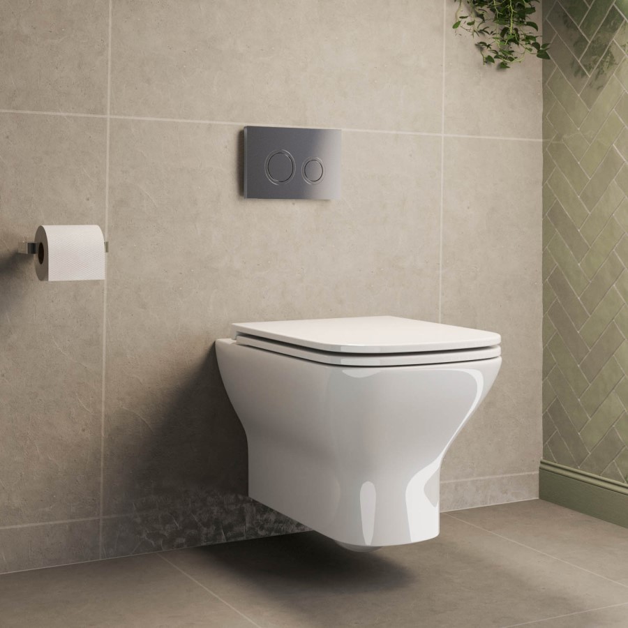 Wall Hung Rimless Toilet with Soft Close Seat, Chrome Mechanical Flush Plate, 1168mm Frame & Cistern – Palma