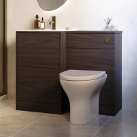 1000mm Walnut Wood Effect Toilet and Sink Unit with Round Toilet and Brushed Brass Push Button - Palma