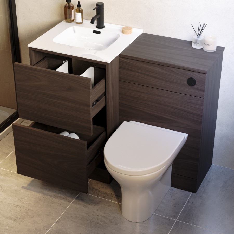 1000mm Walnut Wood Effect Toilet and Sink Unit with Round Toilet and Matt Black Push Button - Palma