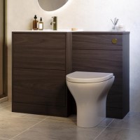 1100mm Walnut Wood Effect Toilet and Sink Unit with Round Toilet and Brushed Brass Push Button - Palma