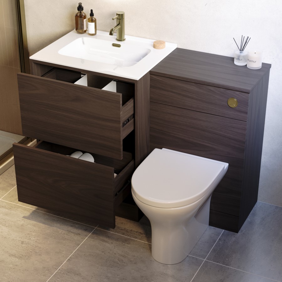 1100mm Walnut Wood Effect Toilet and Sink Unit with Round Toilet and Brushed Brass Push Button - Palma