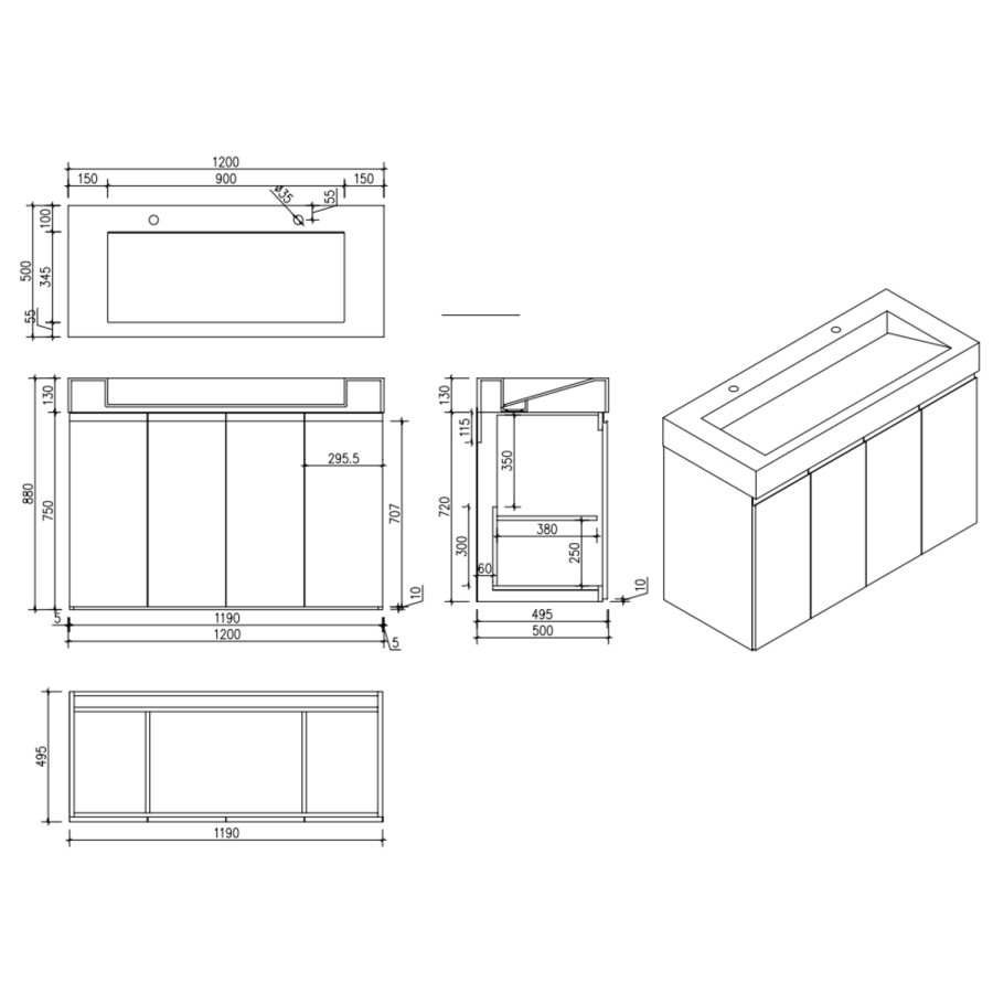 1200mm White Freestanding Double Vanity Unit with Basin - Panama