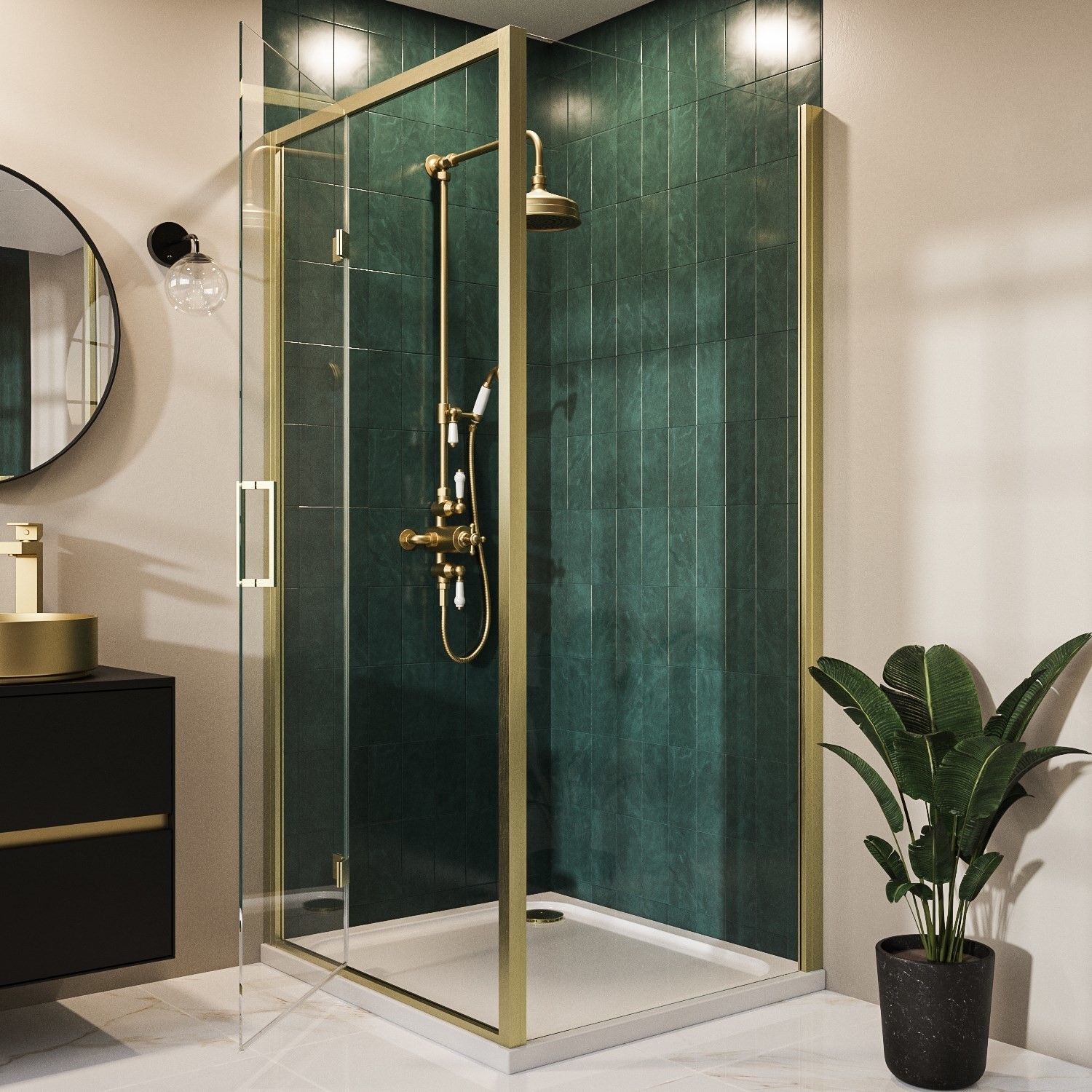Pavo Brass 1000X900mm Brushed 8Mm Glass Rectangular Hinged Shower Enclosure