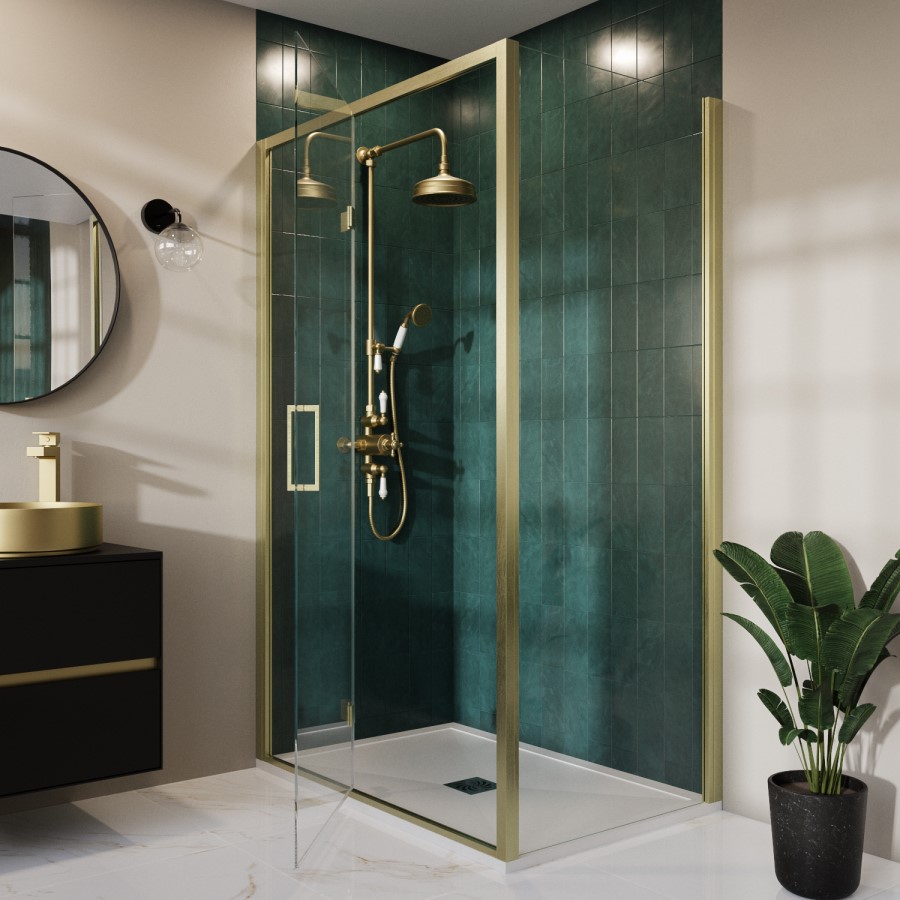 1200 x 900mm Brushed Brass Rectangular Hinged Shower Enclosure with Low Profile Shower Tray - Pavo