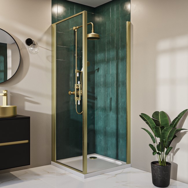 Grade A1 - Brushed Brass 8mm Glass Rectangular Hinged Shower Enclosure 900x800mm - Pavo