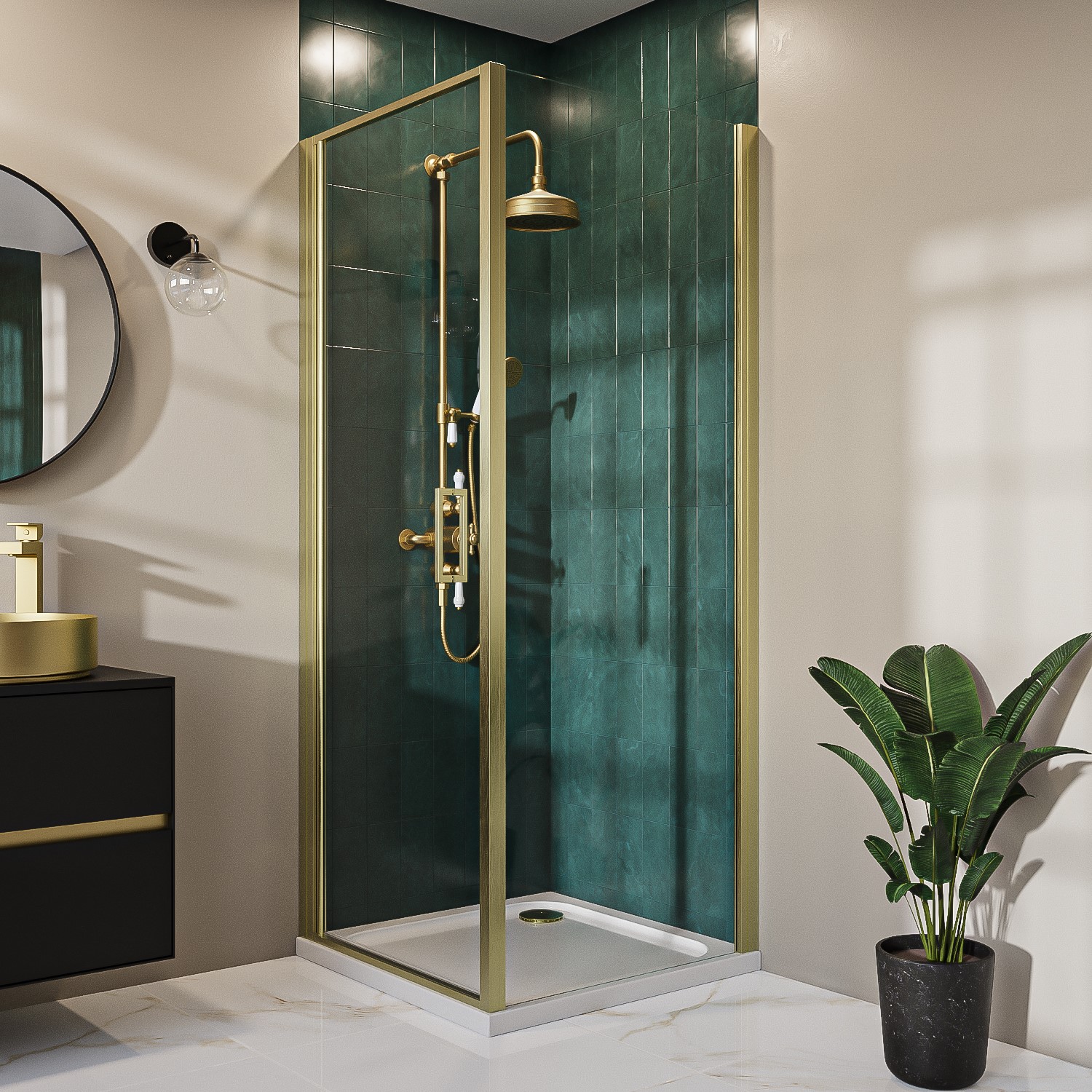 Pavo Brass 900Mm Brushed 8Mm Glass Square Hinged Shower Enclosure