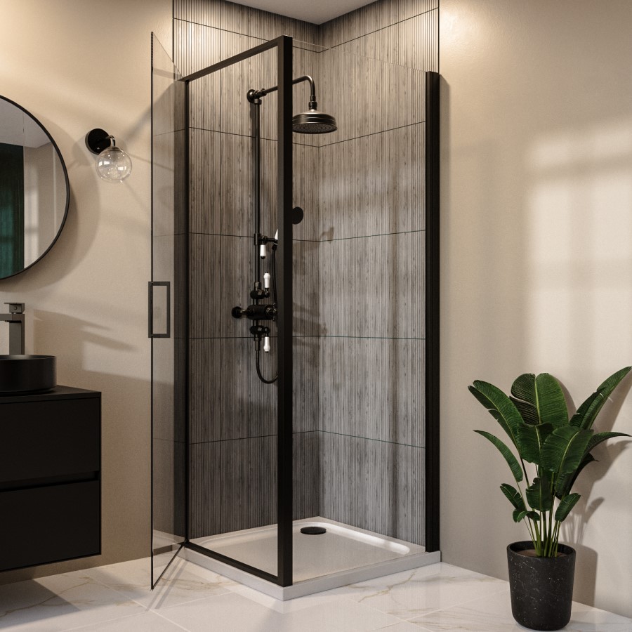 900x700mm Black 8mm Glass Rectangular Hinged Shower Enclosure - Pavo
