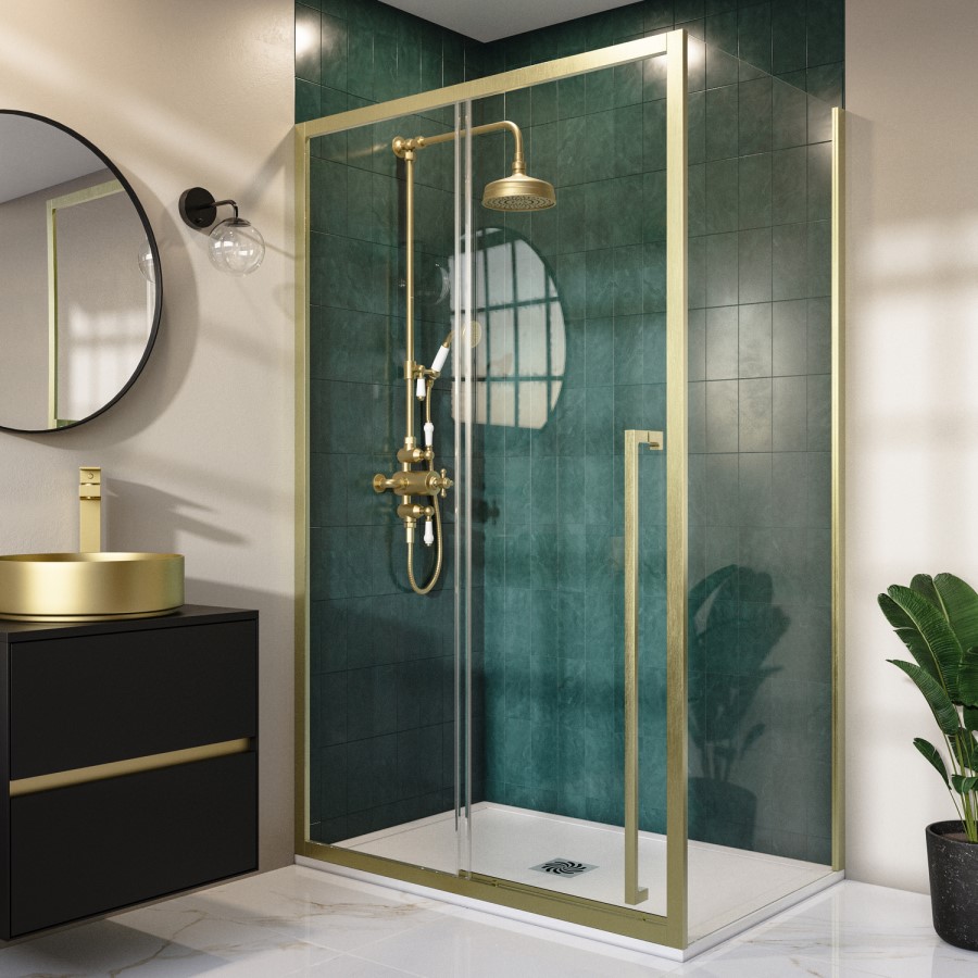 1000x800mm Brushed Brass 8mm Glass Rectangular Sliding Shower Enclosure - Pavo