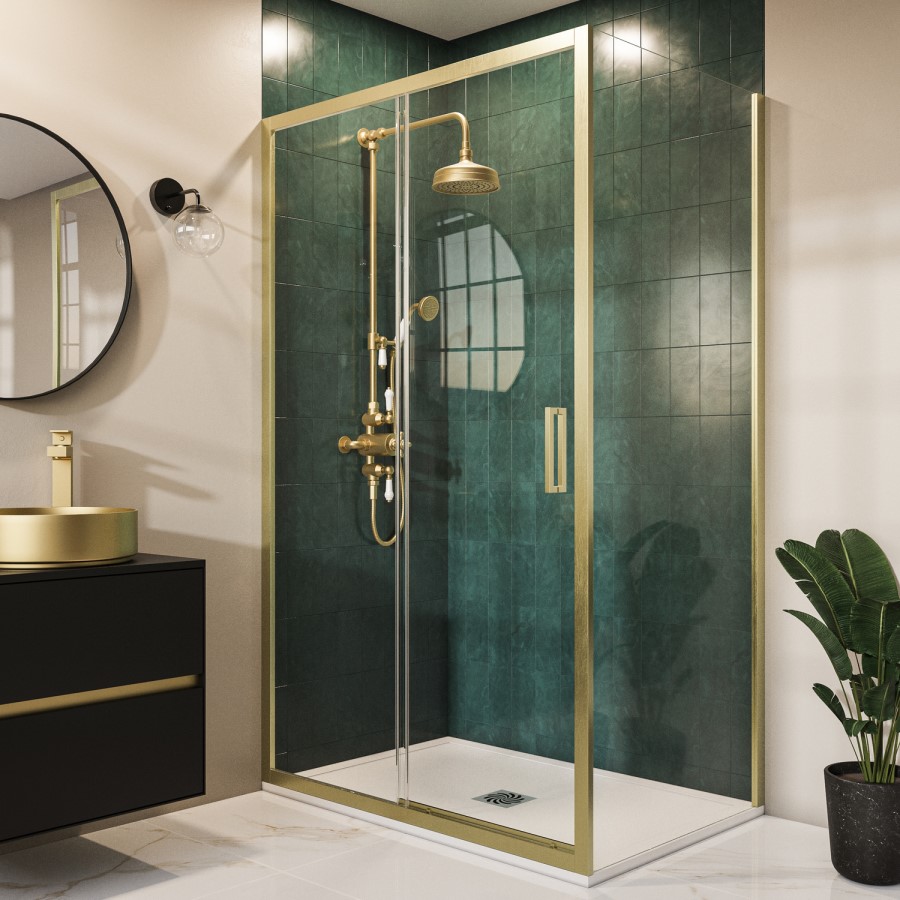 1200x800mm Brushed Brass 8mm Glass Rectangular Sliding Shower Enclosure with Low Profile Shower Tray - Pavo