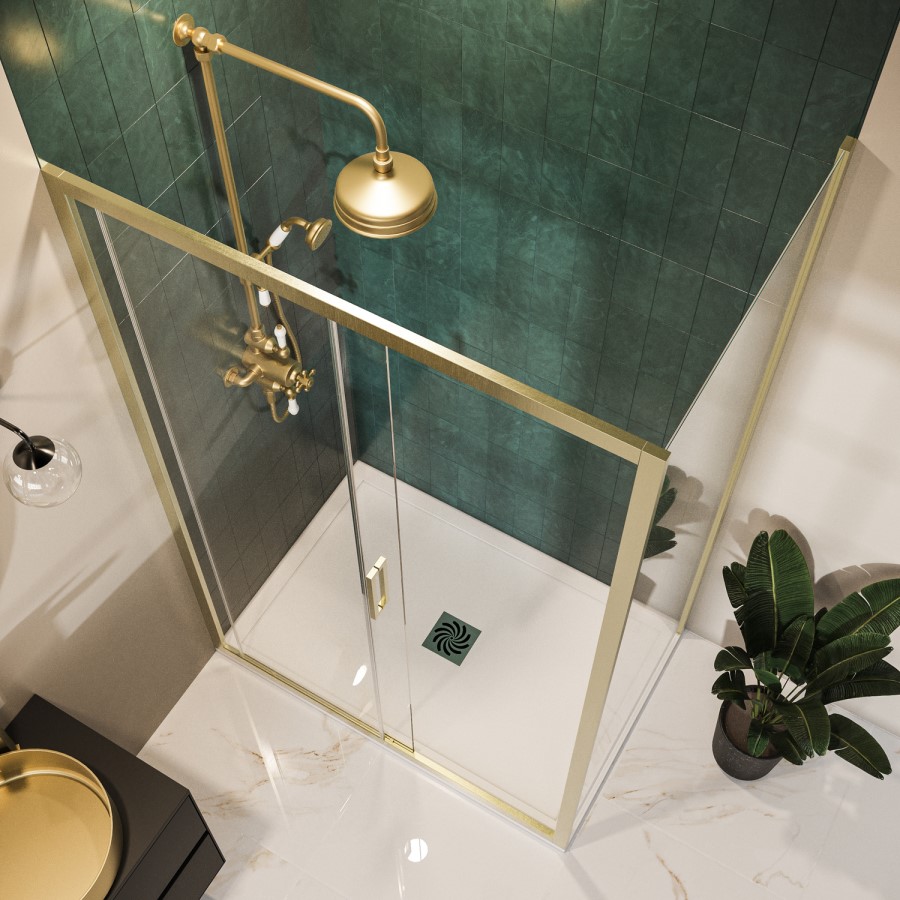 1200x800mm Brushed Brass 8mm Glass Rectangular Sliding Shower Enclosure with Low Profile Shower Tray - Pavo