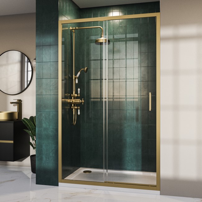 1400mm Brushed Brass  Sliding Shower Door 8mm Glass - Pavo