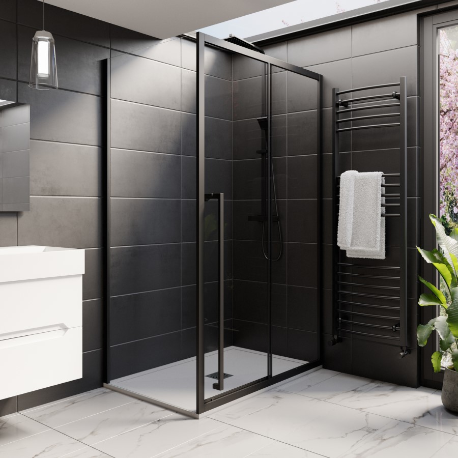 Black 8mm Sliding Shower Door Extended Handle 1200mm with 800mm Side Panel  - Pavo
