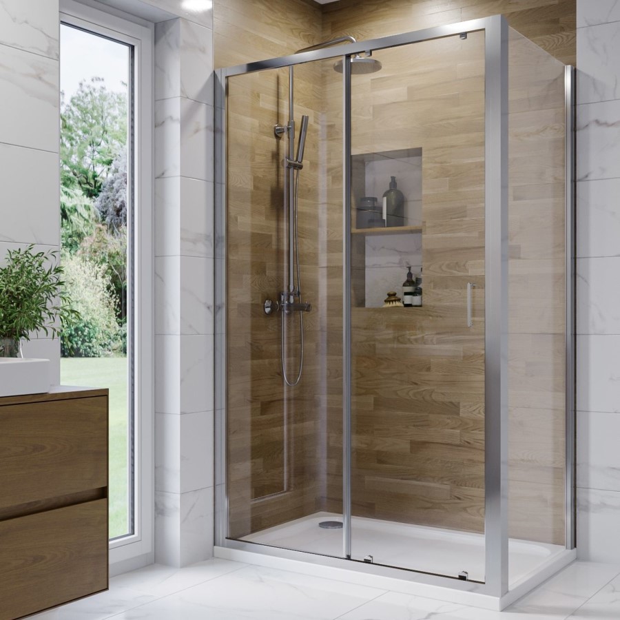 1000 x 800mm Chrome Rectangular Sliding Door Shower Enclosure with Side Panel Suite with Toilet and Basin - Carina