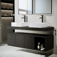 1200mm Black Wall Hung Countertop Double Vanity Unit with Rectangular Basins and Shelves - Porto 1200mm Black Wall Hung Countertop Double Vanity Unit with Rectangular Basins and Shelves - Porto