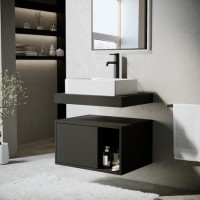 600mm Black Wall Hung Countertop Vanity Unit with Rectangular Basin and Shelves - Porto 600mm Black Wall Hung Countertop Vanity Unit with Rectangular Basin and Shelves - Porto