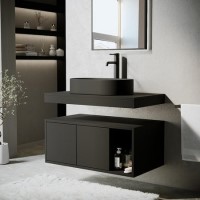800mm Black Wall Hung Countertop Vanity Unit with Black Oval Basin and Shelves - Porto 800mm Black Wall Hung Countertop Vanity Unit with Black Oval Basin and Shelves - Porto