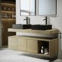1200mm Wood Effect Wall Hung Double Countertop Vanity Unit with Black Rectangular Basins and Shelf - Porto