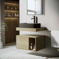 600mm Wood Effect Wall Hung Countertop Vanity Unit with Black Rectangular Basin and Shelf – Porto 600mm Wood Effect Wall Hung Countertop Vanity Unit with Black Rectangular Basin and Shelf – Porto