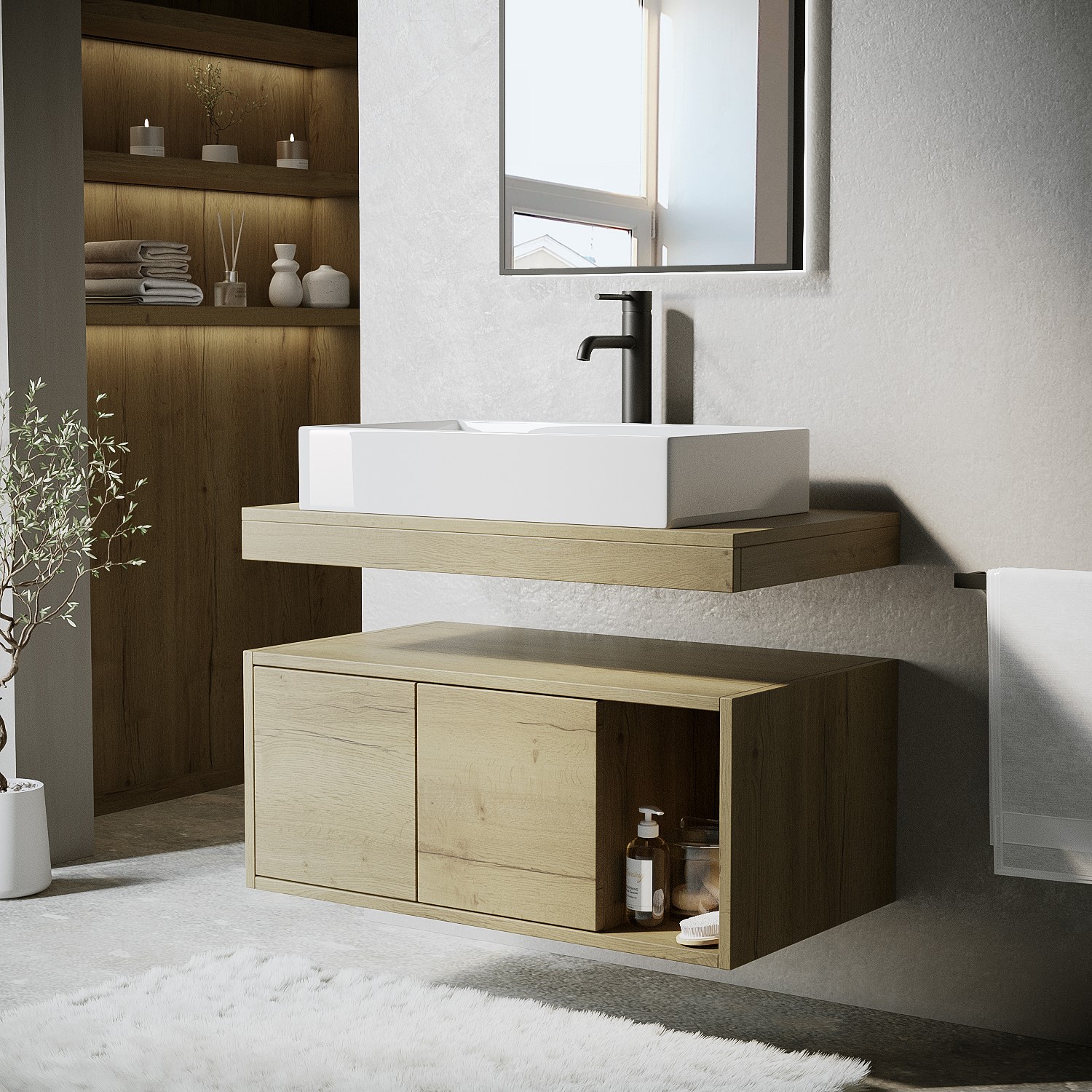 800mm Wood Effect Wall Hung Countertop Vanity Unit With Basin And Shelf 800mm Wood Effect Wall Hung Countertop Vanity Unit With Basin And Shelf