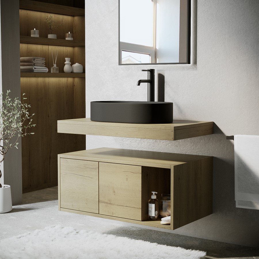 Grade A2 - 800mm Wood Effect Wall Hung Countertop Vanity Unit with Black