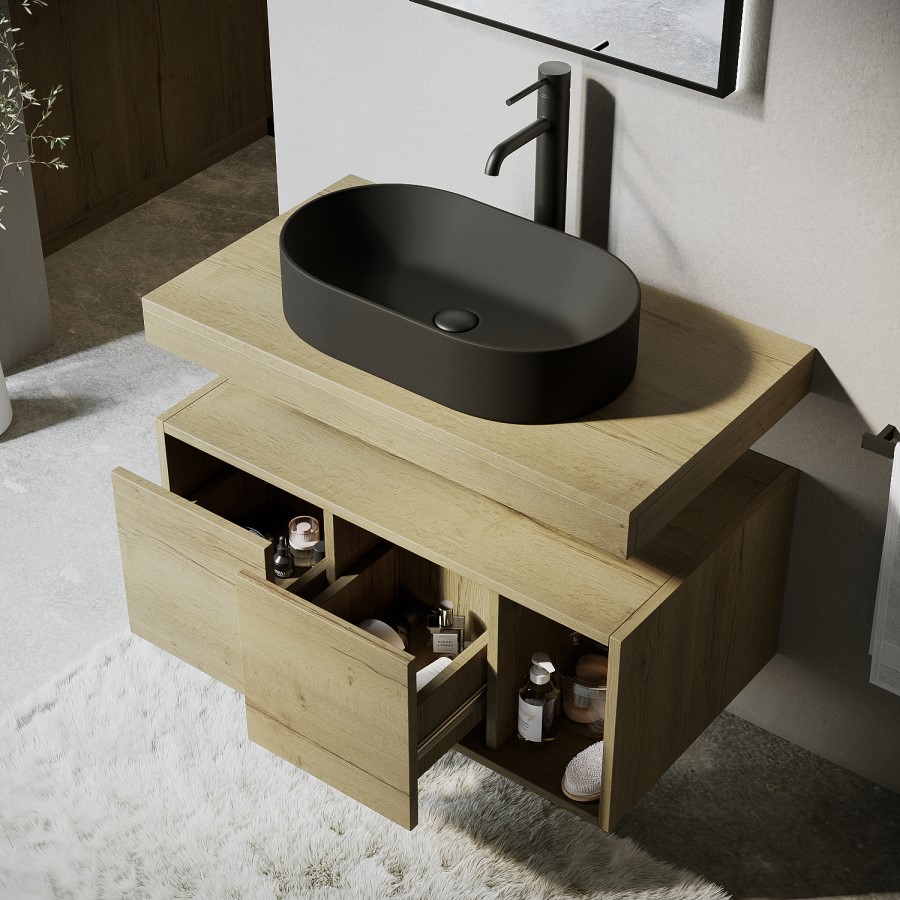 Grade A2 - 800mm Wood Effect Wall Hung Countertop Vanity Unit with Black