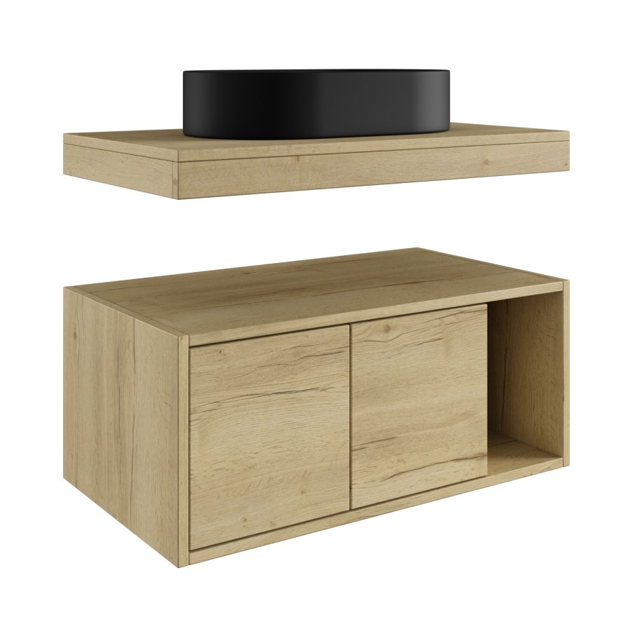 Grade A2 - 800mm Wood Effect Wall Hung Countertop Vanity Unit with Black
