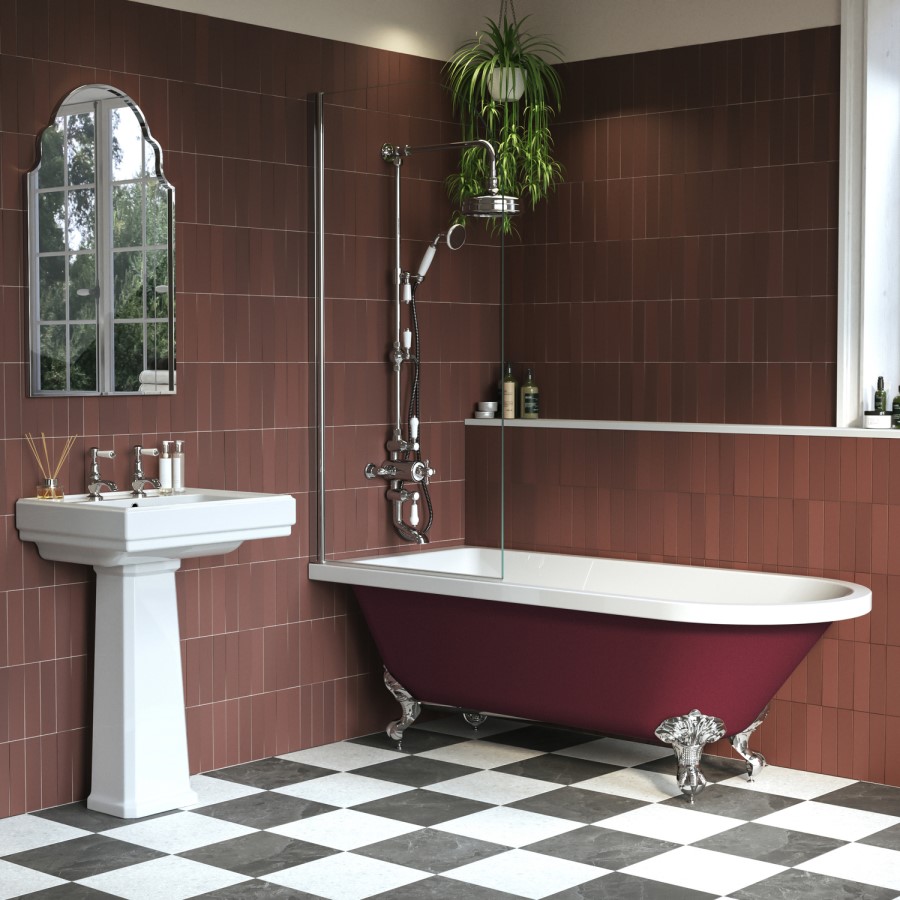 Burgandy Freestanding Single Ended Shower Bath with Chrome Screen & Feet 1670 x 740mm - Park Royal