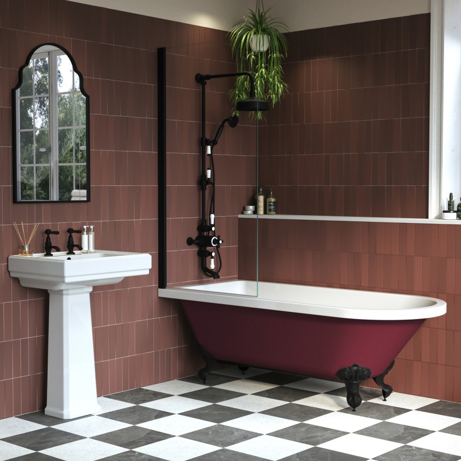 Burgandy Freestanding Single Ended Shower Bath with Black Screen & Feet 1670 x 740mm - Park Royal