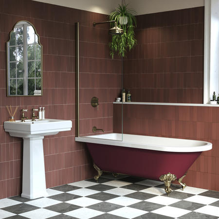 Burgandy Freestanding Single Ended Shower Bath with Brushed Brass Screen & Feet 1670 x 740mm - Park Royal