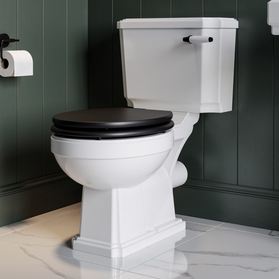 Close Coupled Traditional Low Level Short Projection Toilet with Wooden Soft Close Seat & Black Fittings - Park Royal