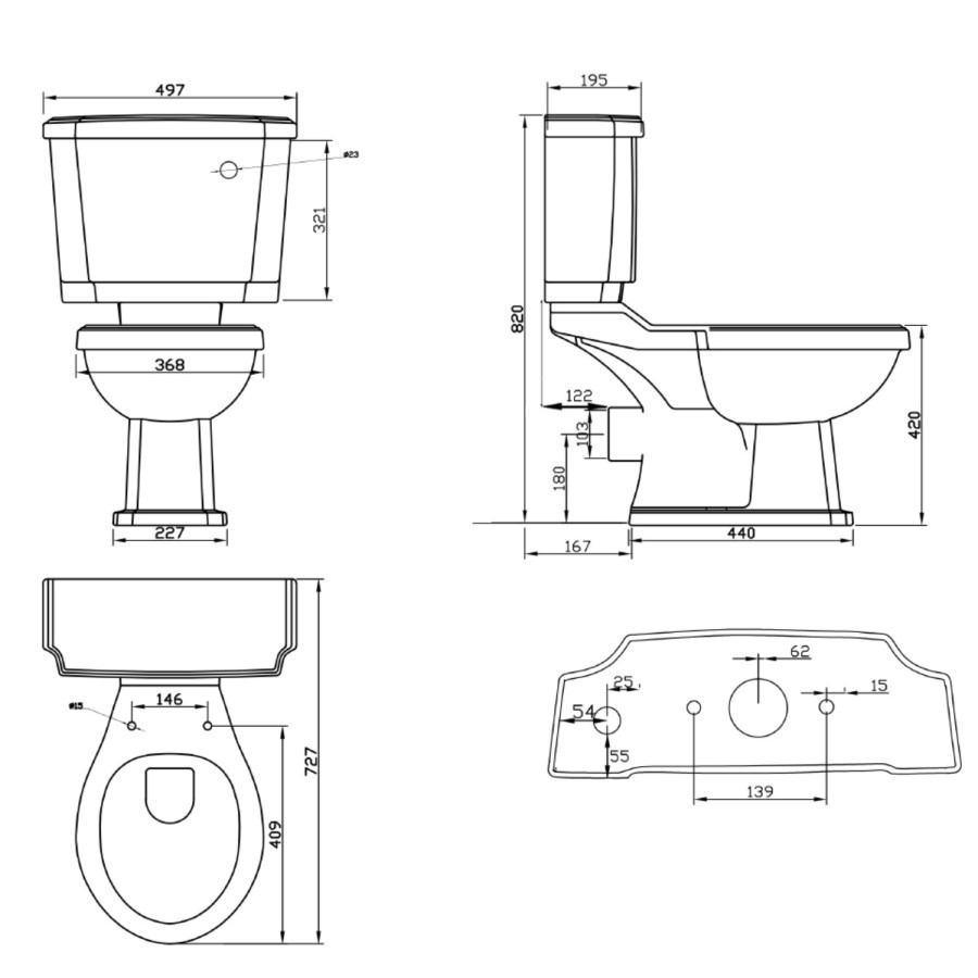 Close Coupled Traditional Toilet with Wooden Soft Close Seat & Black Fittings - Park Royal