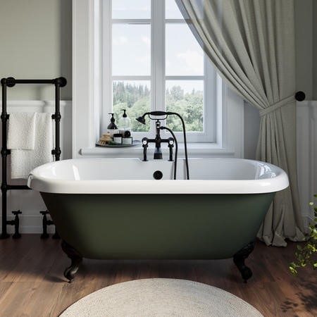 Freestanding Dark Green Double Ended Roll Top Bath with Black Feet 1515 x 740mm - Park Royal ...