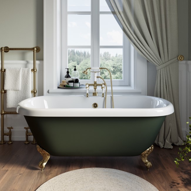 Freestanding Dark Green  Double Ended Roll Top Bath with Brass Feet 1515 x 740mm - Park Royal