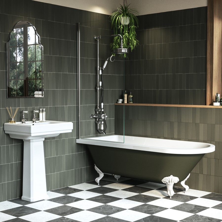 Dark Green Freestanding Single Ended Shower Bath with Chrome Screen & White Feet 1670 x 740mm - Park Royal