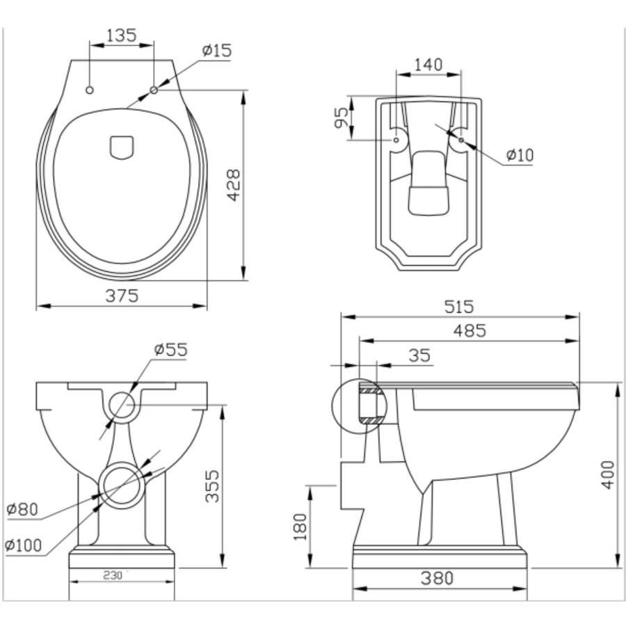 Traditional High Level Short Projection Toilet with Black Wooden Soft Close Seat - Park Royal