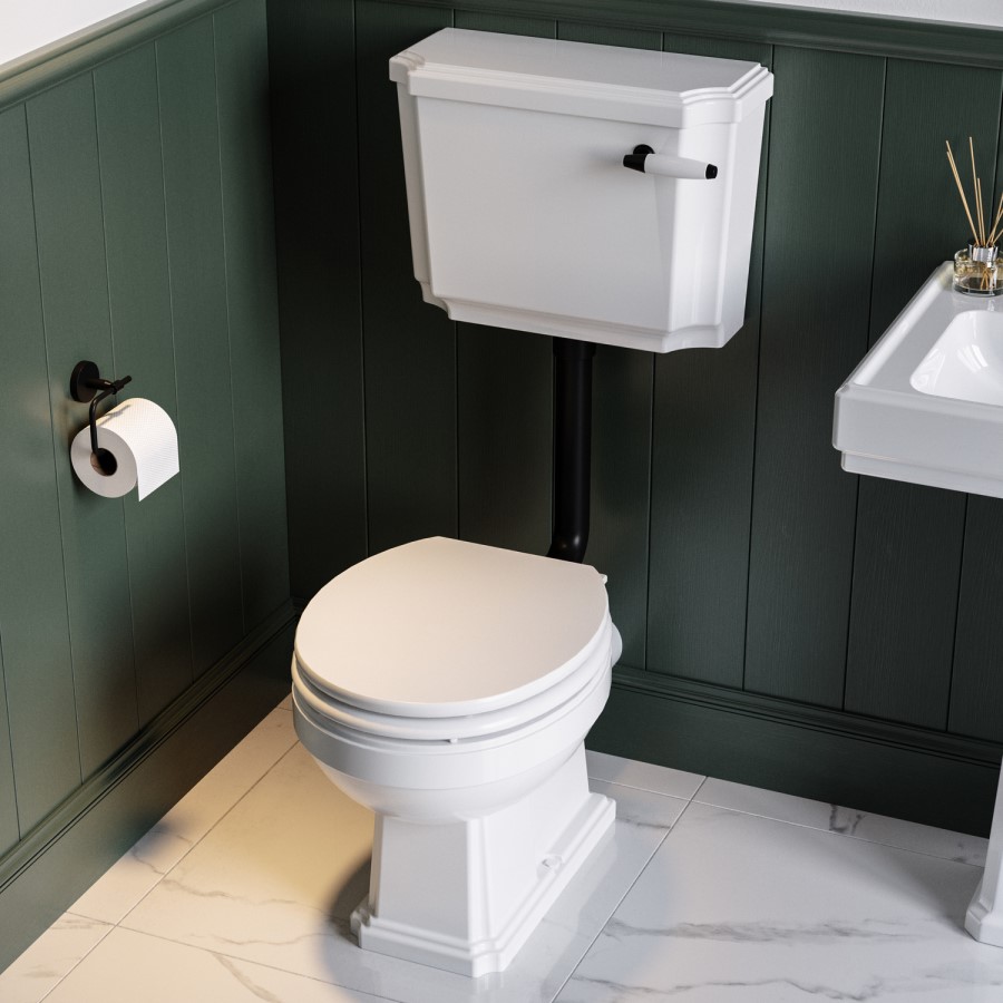 Close Coupled Traditional Low Level Short Projection Toilet with Wooden Soft Close Seat & Black Fittings - Park Royal