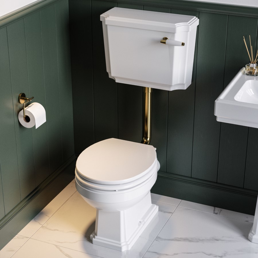 Close Coupled Traditional Low Level Short Projection Toilet with Wooden Soft Close Seat & Brass Fittings - Park Royal