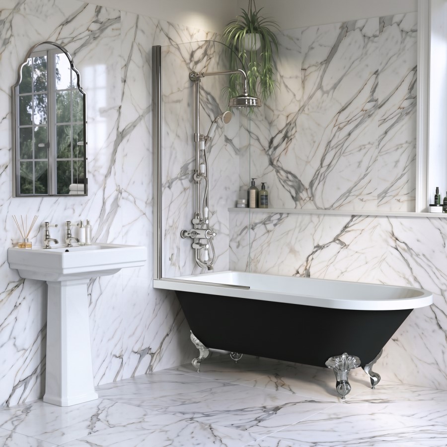 Black Freestanding Single Ended Shower Bath with Chrome Screen & Feet 1670 x 740 mm - Park Royal