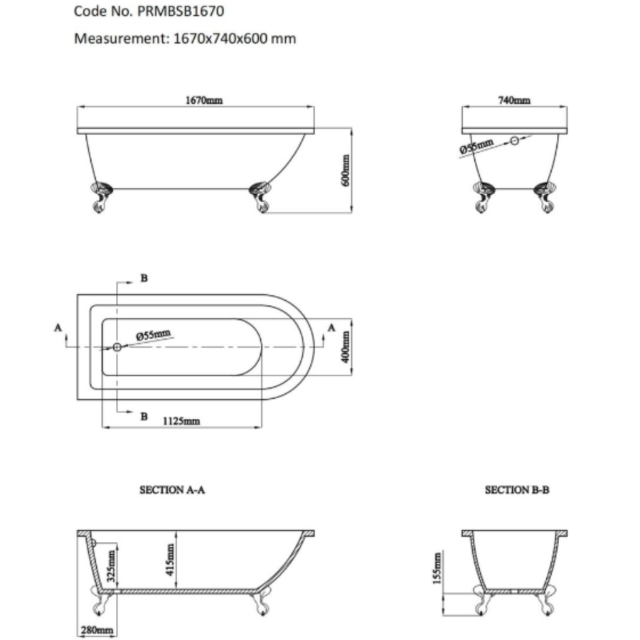 Black Freestanding Single Ended Bath with Bronze Feet 1670 x 740mm - Park Royal