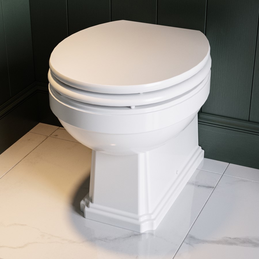 Back to Wall Traditional Toilet with Wooden Soft Close Seat and Chrome Hinges - Park Royal