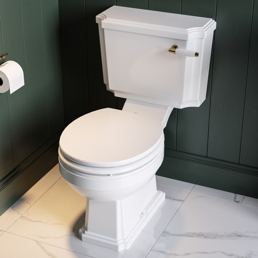 White Round Wooden Soft Close Toilet Seat with Quick Release and Brass Hinges - Park Royal