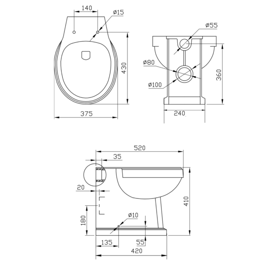 Back to Wall Traditional Toilet with Wooden Soft Close Seat & Brass Hinges - Park Royal