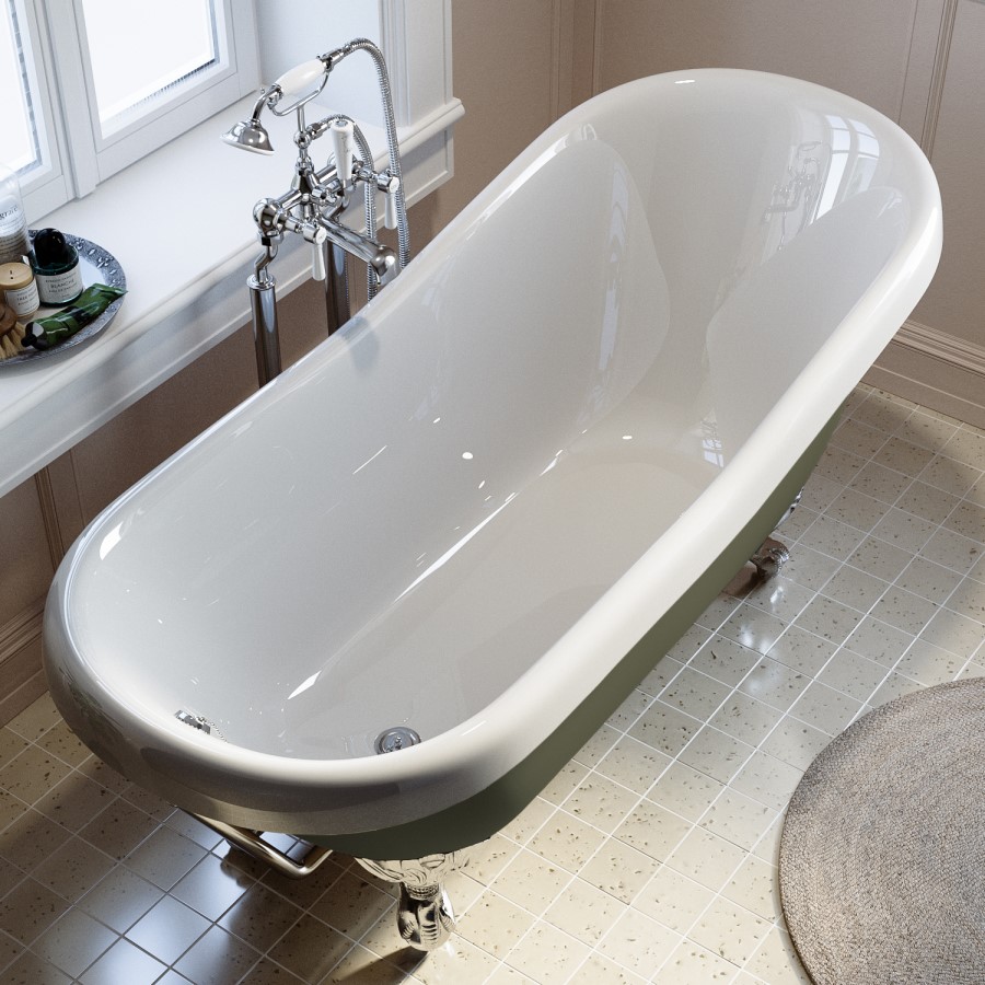Dark Green Freestanding Single Ended Roll Top Slipper Bath with Chrome Feet 1615 x 690mm - Park Royal