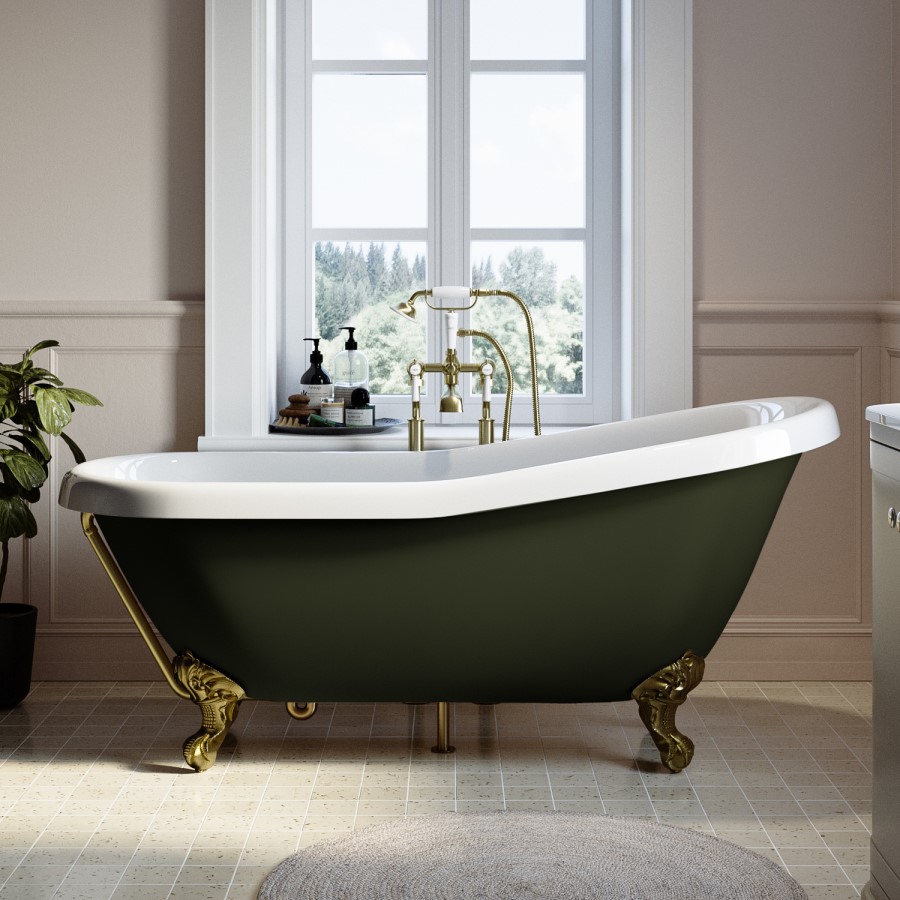 Dark Green Freestanding Single Ended Roll Top Slipper Bath with Brass Feet 1615 x 690mm - Park Royal