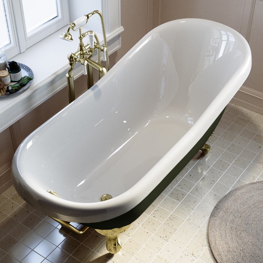 Dark Green Freestanding Single Ended Roll Top Slipper Bath with Brass Feet 1615 x 690mm - Park Royal