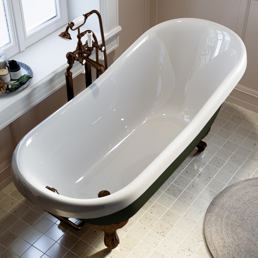 Dark Green Freestanding Single Ended Roll Top Slipper Bath with Bronze Feet 1615 x 690mm - Park Royal