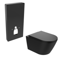 Matt Black Wall Hung Smart Bidet Japanese Toilet With Black Glass Cabinet, Frame, Cistern & Pneumatic Dual Flush Button - Purificare