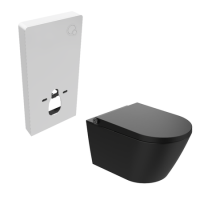 Matt Black Wall Hung Smart Bidet Japanese Toilet, White Glass Cabinet, Frame, Cistern & Pneumatic Dual Flush Button - Purificare
