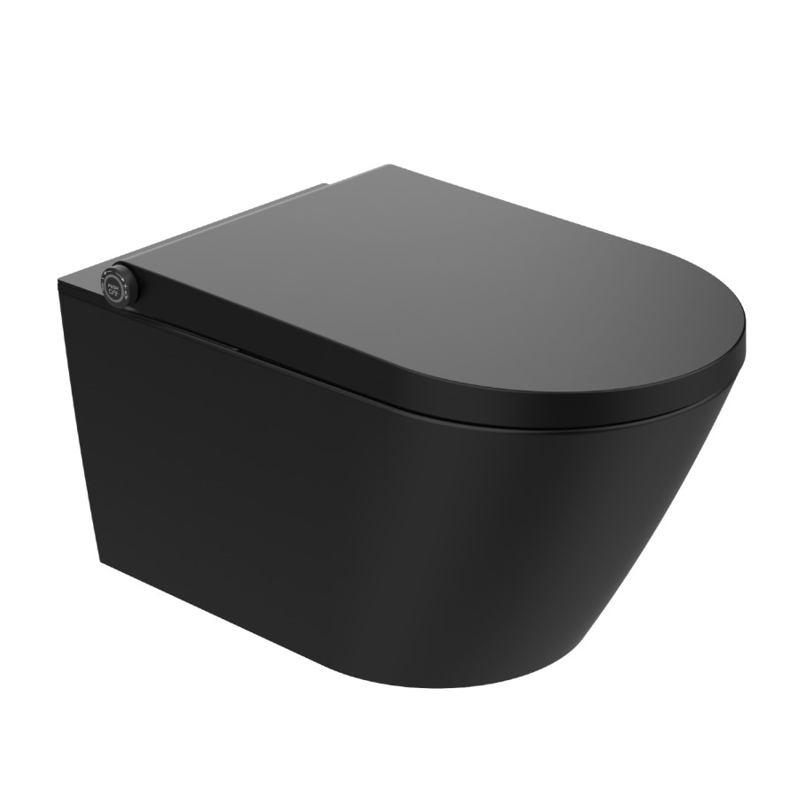 Matt Black Wall Hung Smart Bidet Japanese Toilet, White Glass Cabinet, Frame, Cistern & Pneumatic Dual Flush Button - Purificare